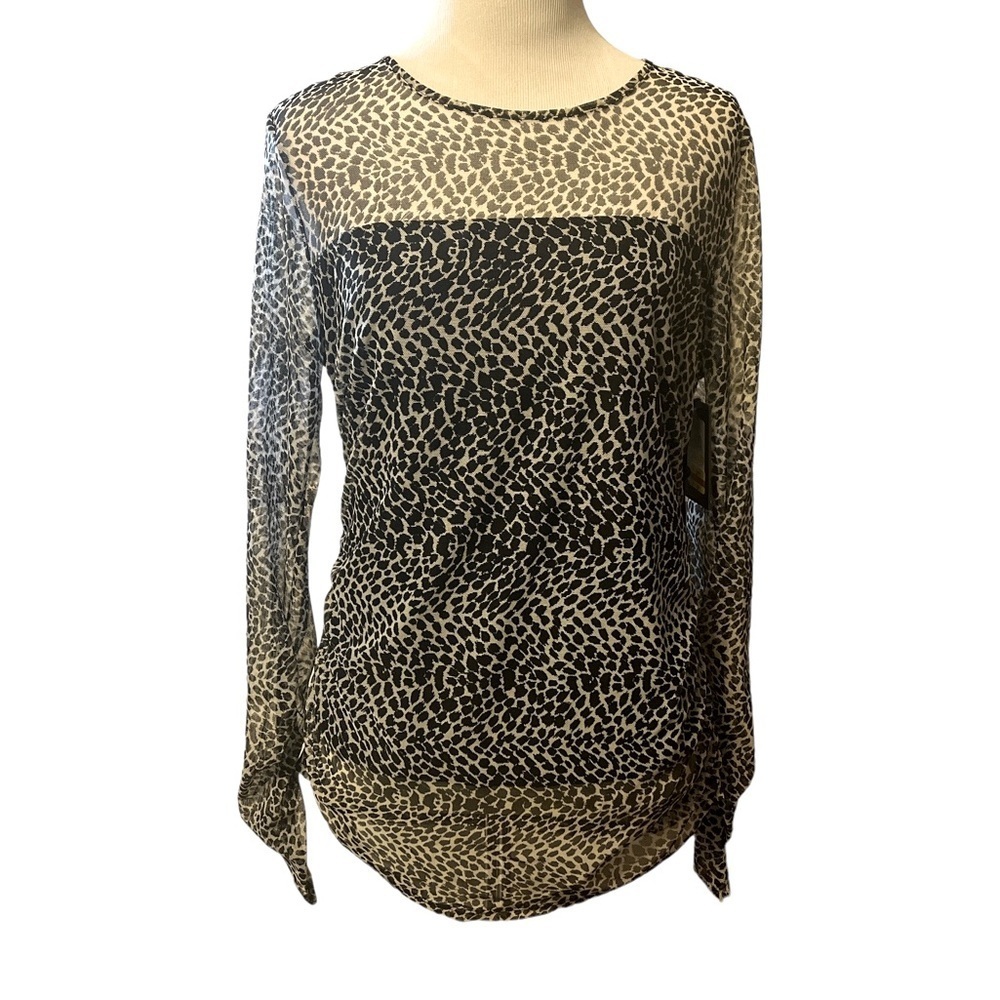 DKNY black and white, long sleeve top with sheer sleeves and bodice, print